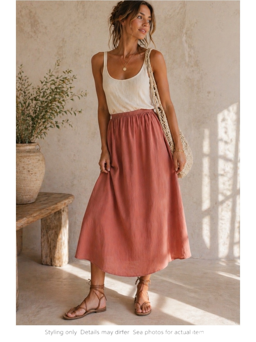 Dusty Rose Linen Midi Skirt A-Line Minimalist Elastic Waist XS